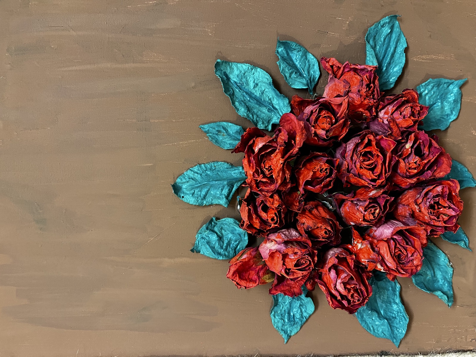 Red Roses with Teal Leaves